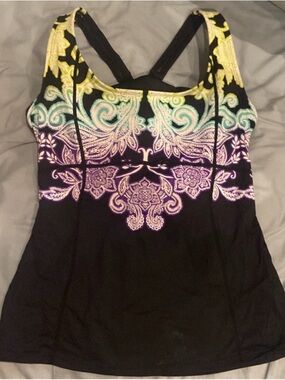 Athleta Workout Yoga Tank Inner Shelf Bra Black w/ Teal & Purple Floral Print M